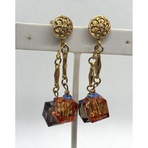 Vintage Gold Tone Dangle‎ Drop Beaded Orange Green Earrings 1960s 1970s Retro